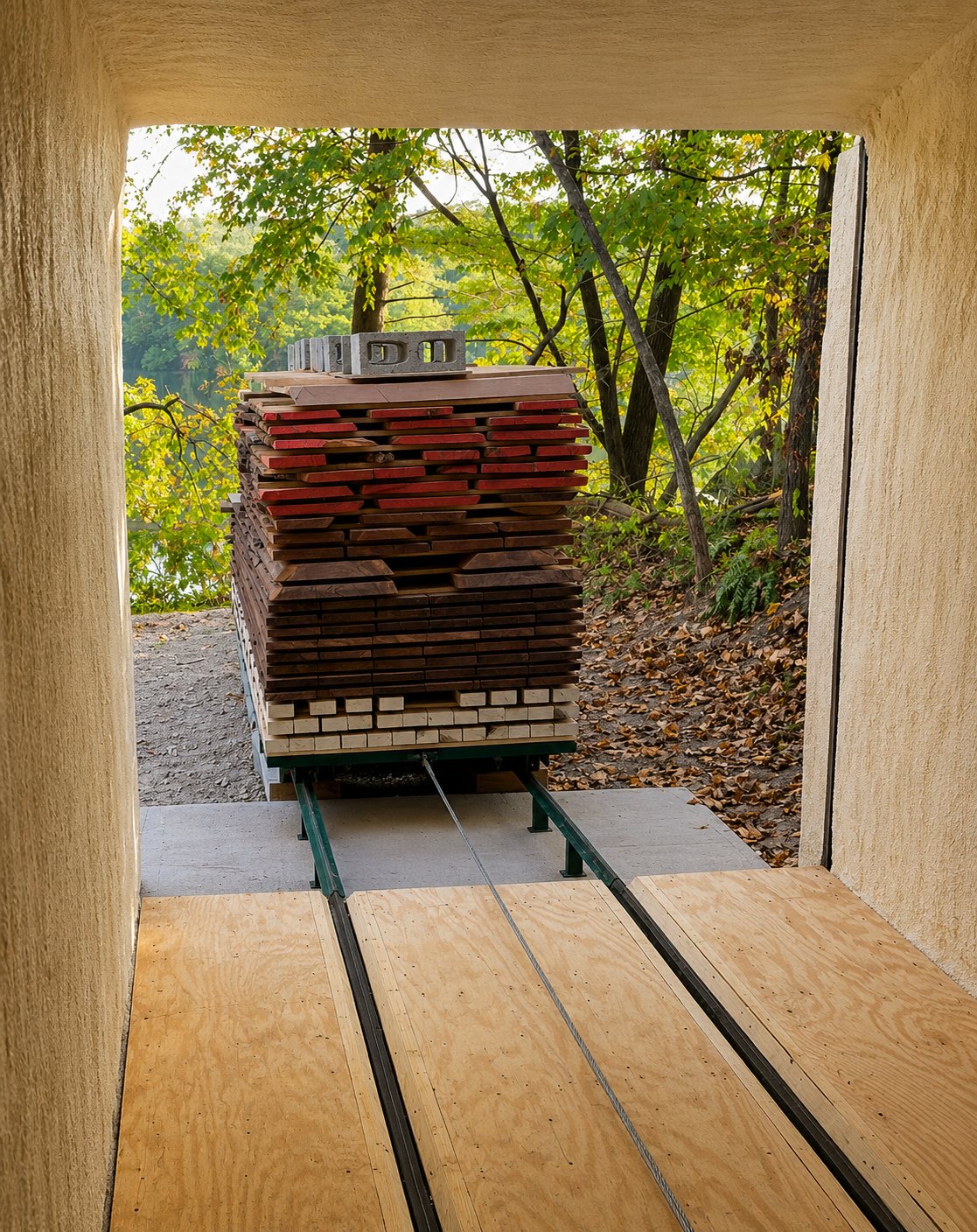 Inside the kiln — a cart of slabs loading in