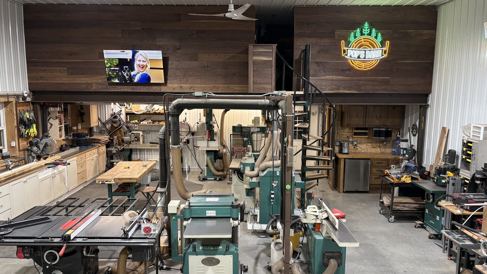 Finished live-edge furniture and shop work at Pop's Barn